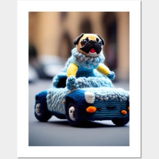 A knitted pug dog driving a woolly convertible car Posters and Art